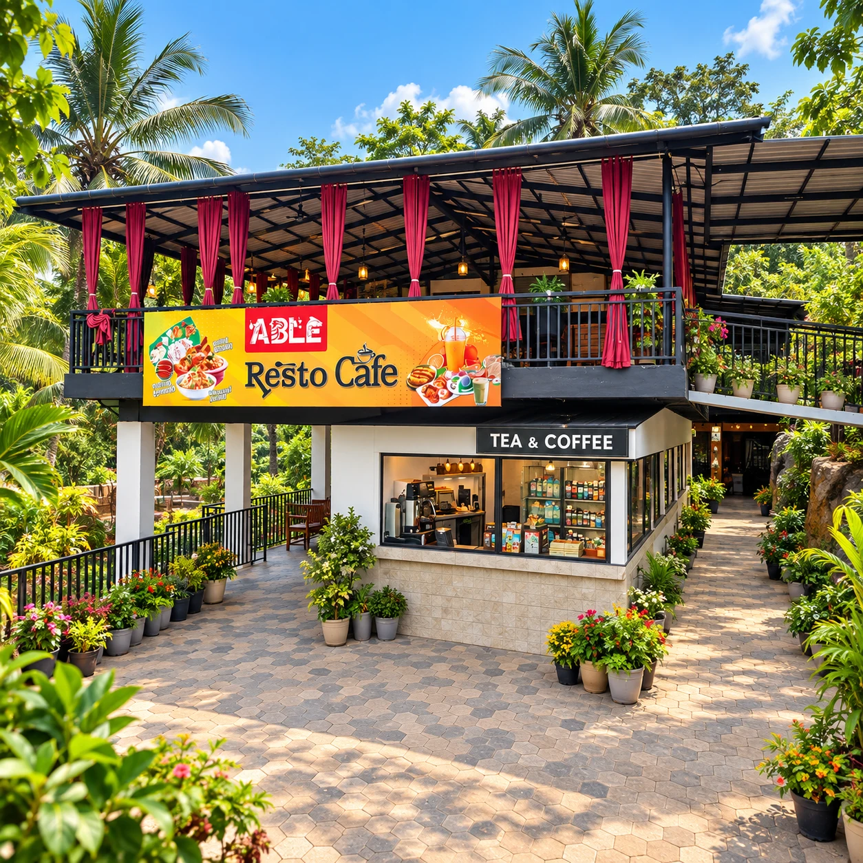 Able Resto Cafe pavilion with an upstairs dining area and a tea and coffee counter surrounded by tropical plants.