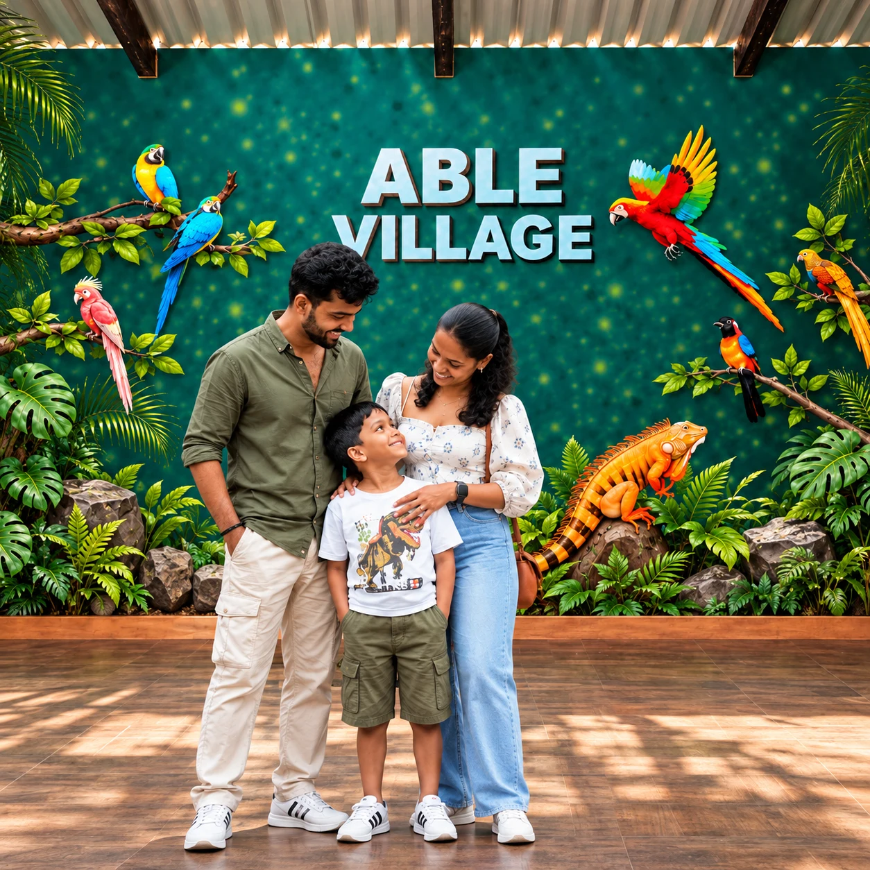 A family posing in front of an Able Village backdrop decorated with colorful birds and an iguana.