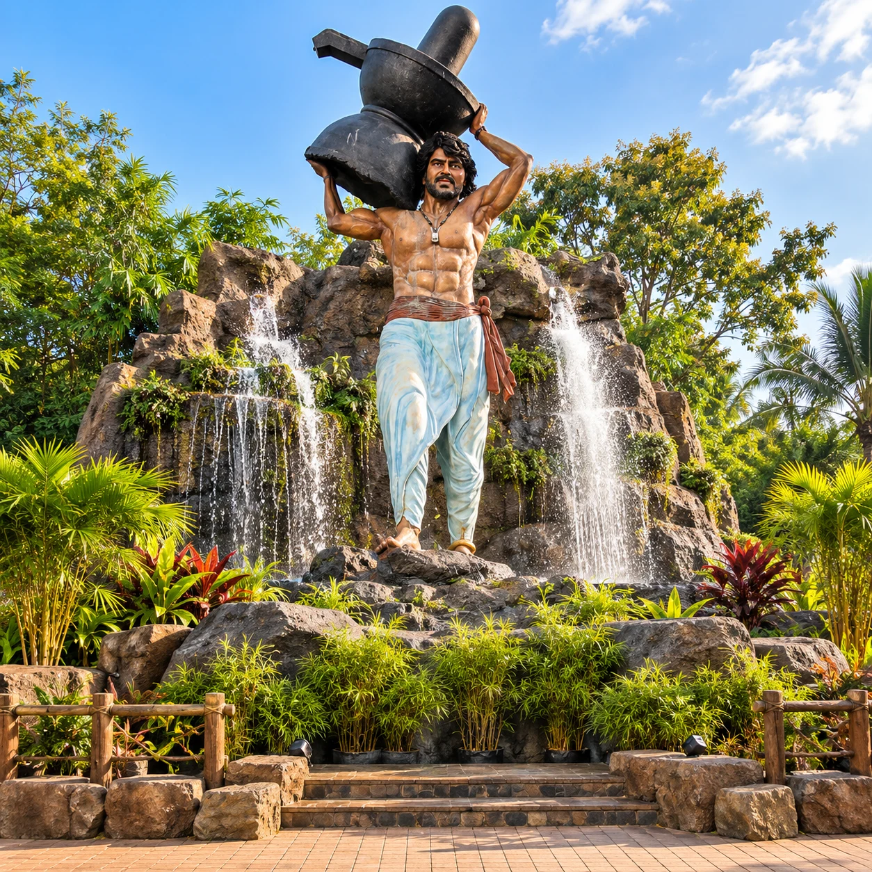 Bahubali statue standing amid waterfalls and tropical gardens
