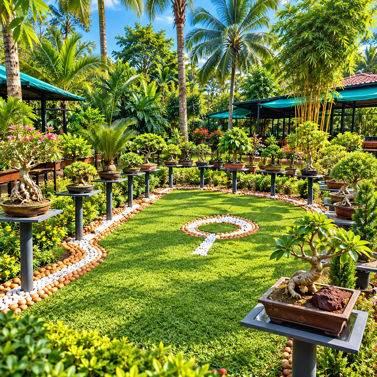 Bonsai trees displayed around a landscaped lawn in a tropical garden.