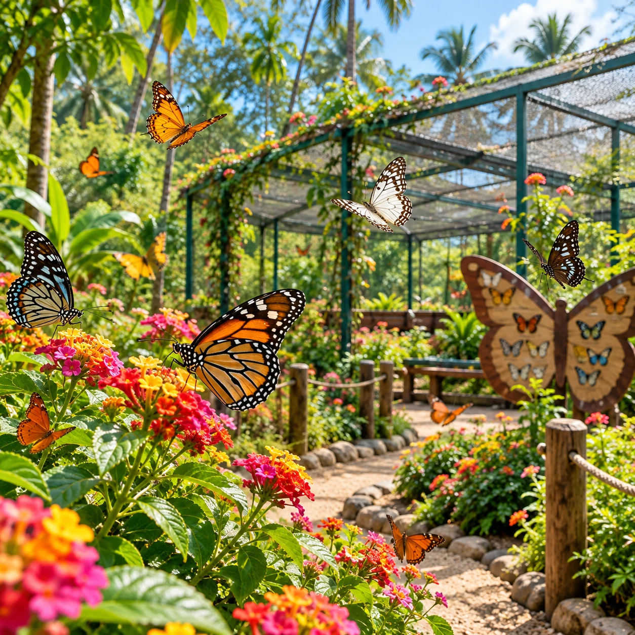 Colorful butterflies among flowering plants along a tropical garden path.