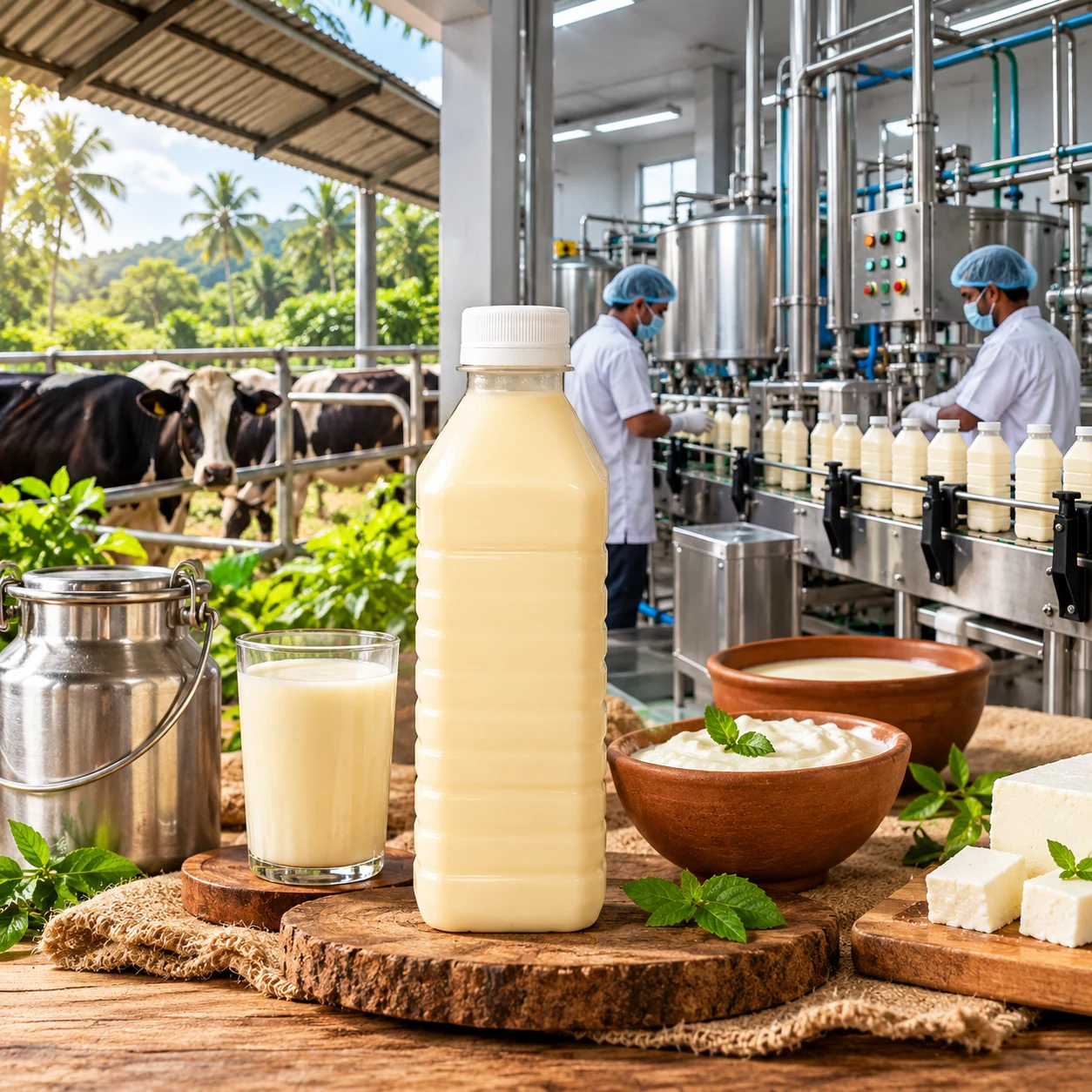Dairy products displayed in front of a milk bottling and processing unit