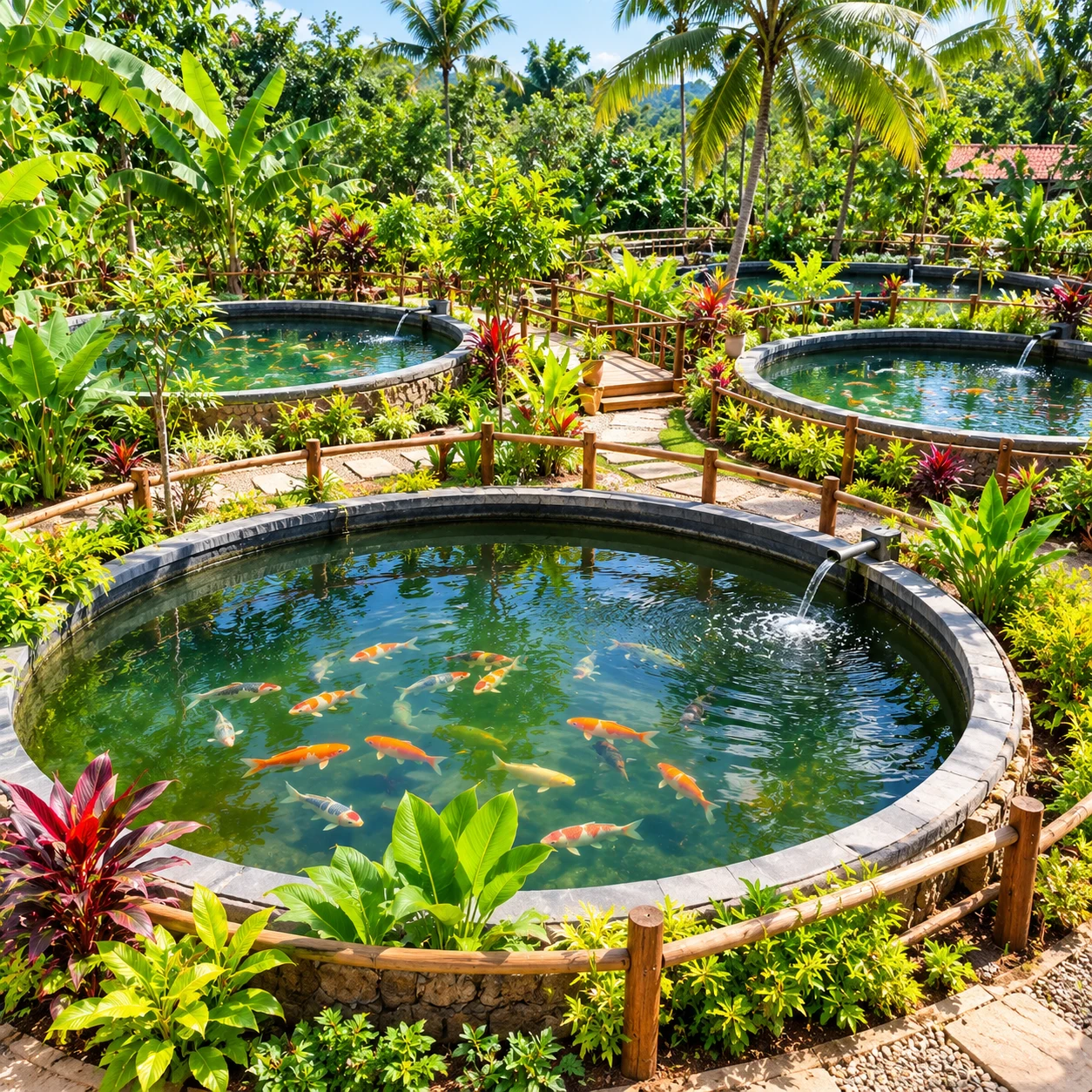 Circular ponds with colorful koi fish surrounded by tropical plants and garden paths.
