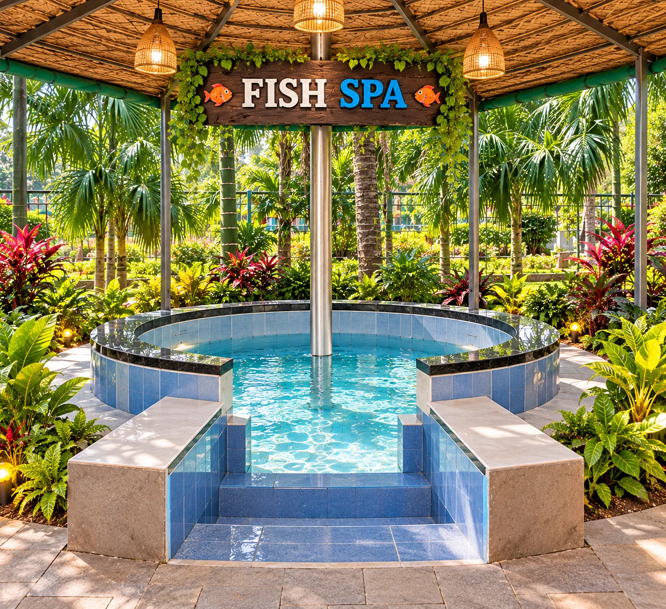 Circular fish spa pool beneath a thatched pavilion surrounded by tropical greenery