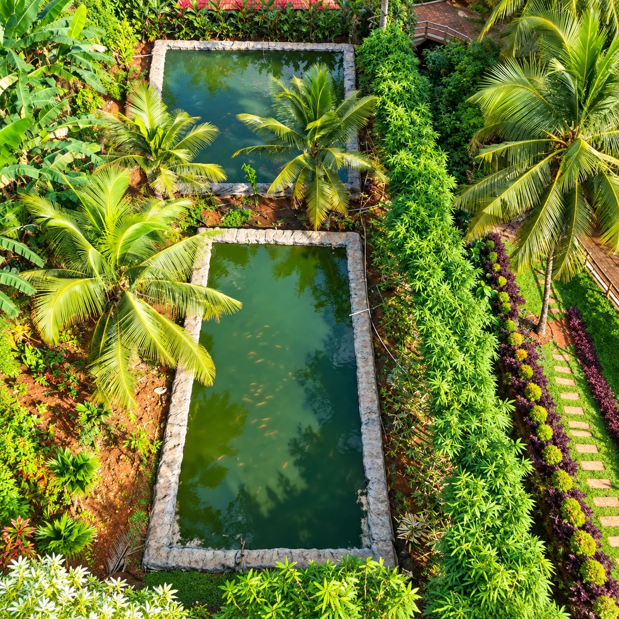 An overhead view of fish ponds surrounded by palm trees and tropical gardens.