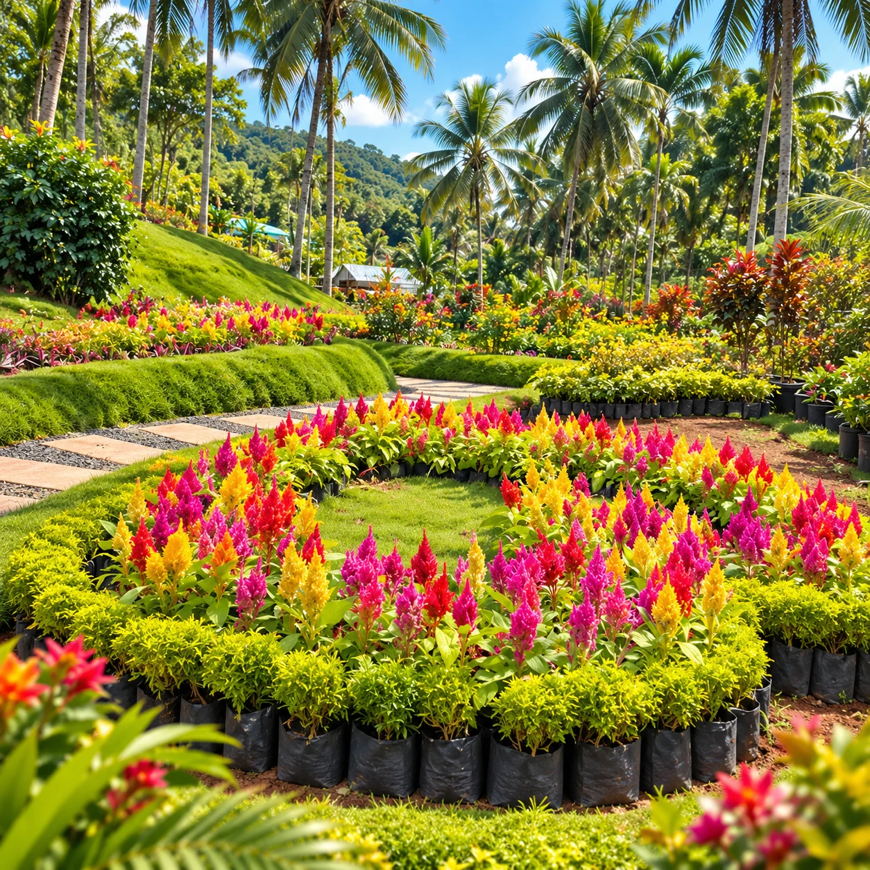 Red, pink and yellow celosia flowers arranged in a tropical garden beneath palm trees.