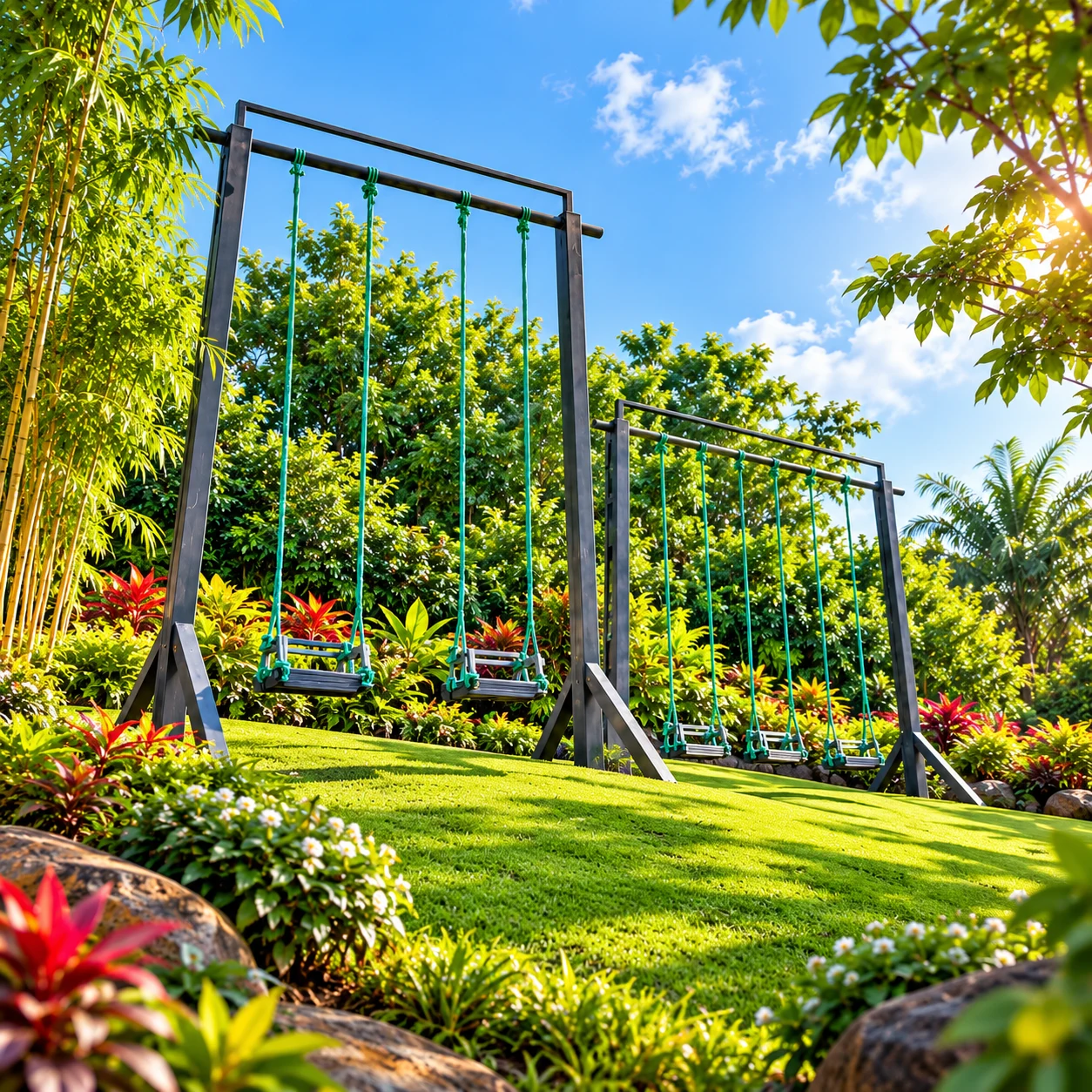Garden swings on a green lawn surrounded by lush tropical plants.