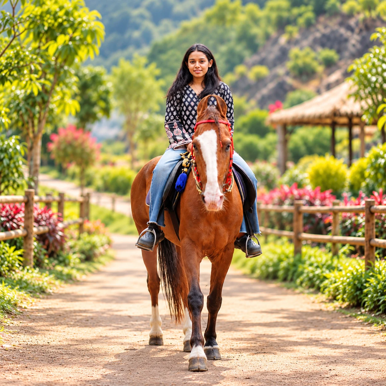 A rider on a chestnut horse along a sunny garden trail.