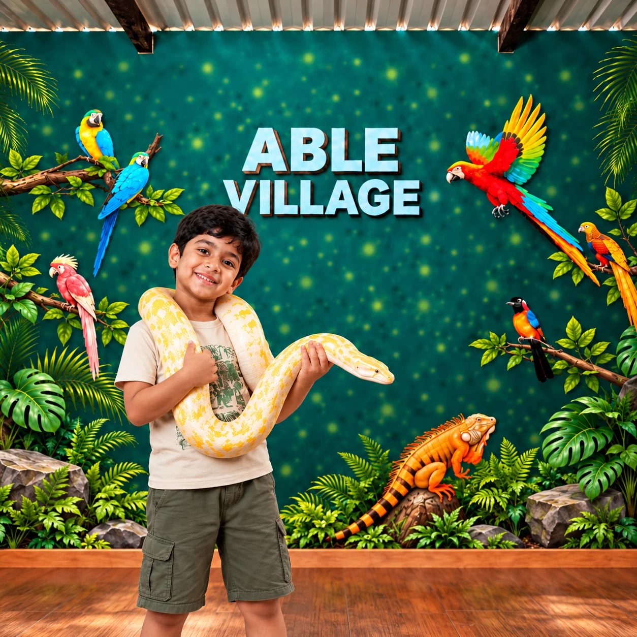 A smiling child holding a yellow and white python in front of an Able Village backdrop.