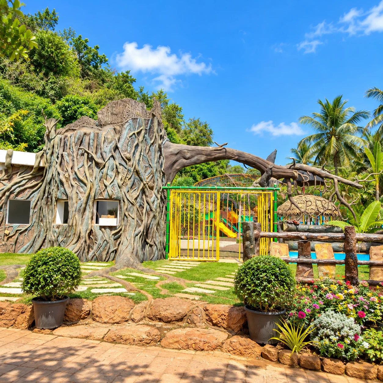 A tree-themed playground entrance with colorful gates surrounded by tropical gardens.