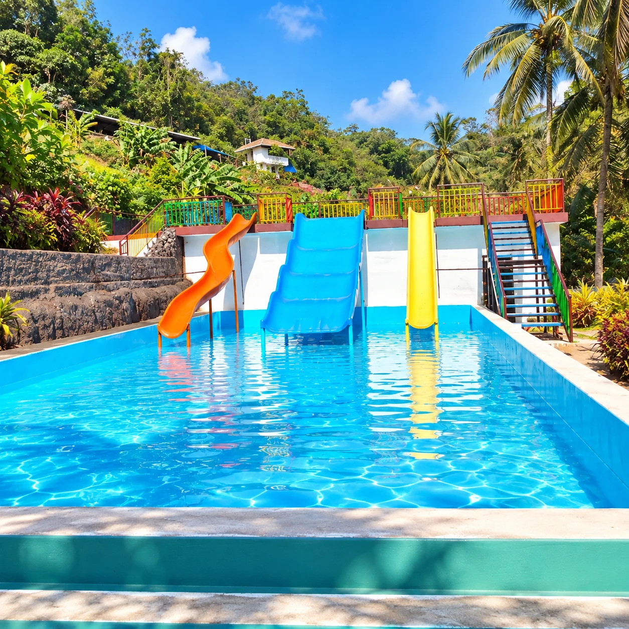 Orange, blue and yellow water slides leading into a pool surrounded by tropical greenery.