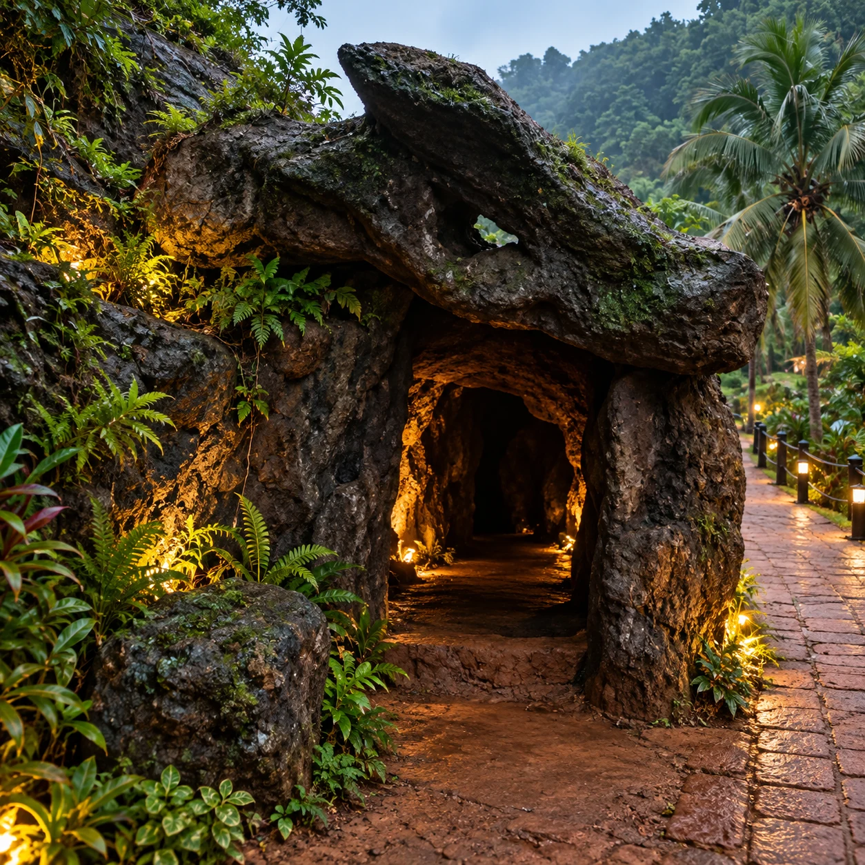 Illuminated stone cave entrance surrounded by tropical greenery