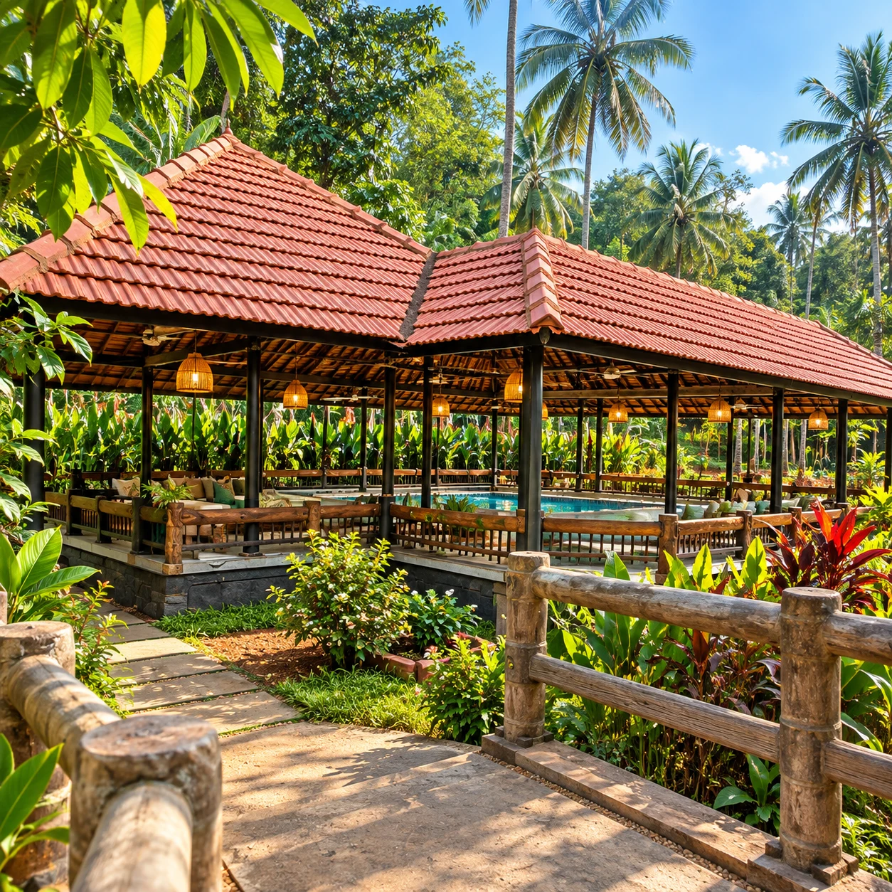 Red-tiled Kerala pavilion surrounded by tropical gardens and palm trees