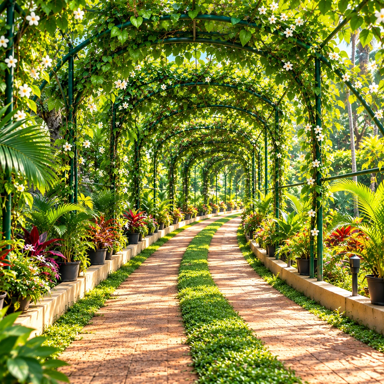 A sunlit garden path beneath leafy arches with white flowers and tropical plants.
