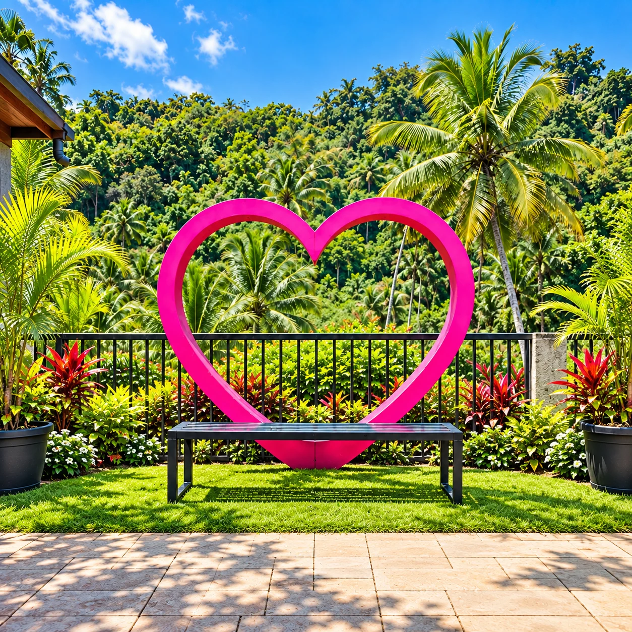 A bench in front of a pink heart-shaped frame surrounded by tropical greenery.
