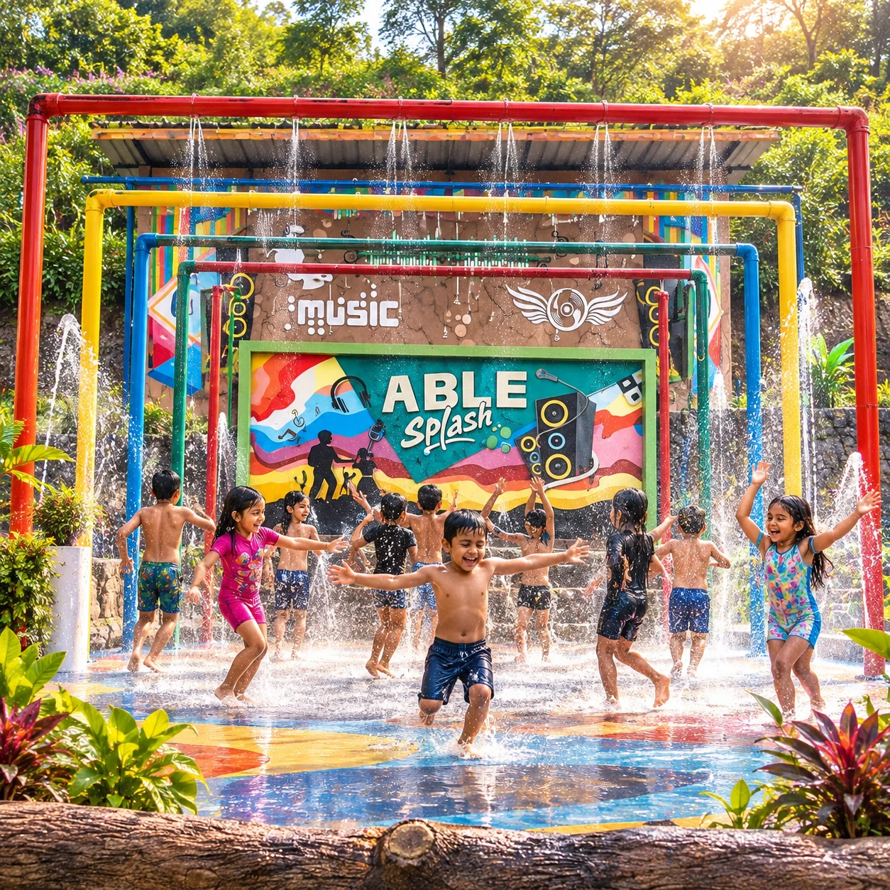 Children enjoying the colourful Able Splash shower dance playground