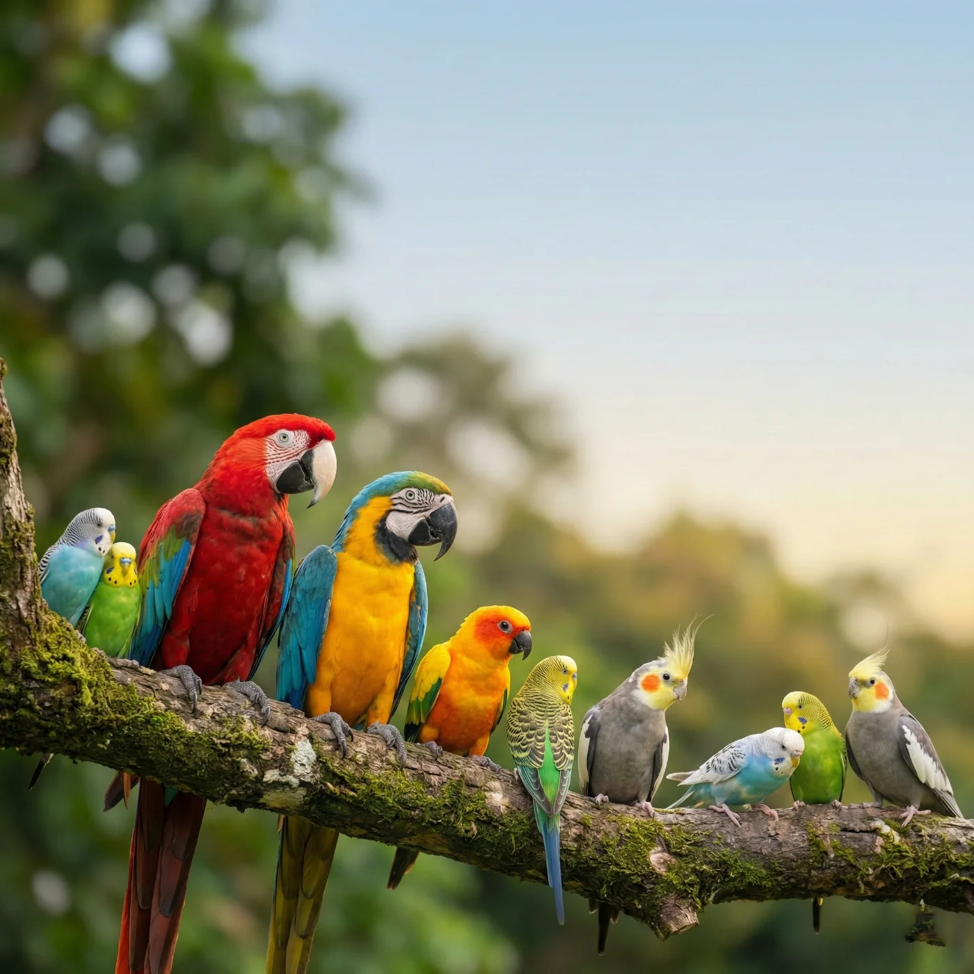 Colourful parrots perched on a branch