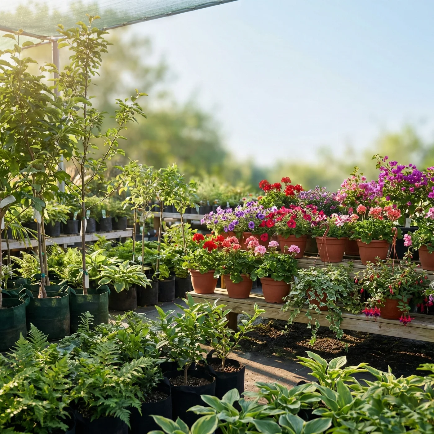 Rows of plants and flowers in a nursery