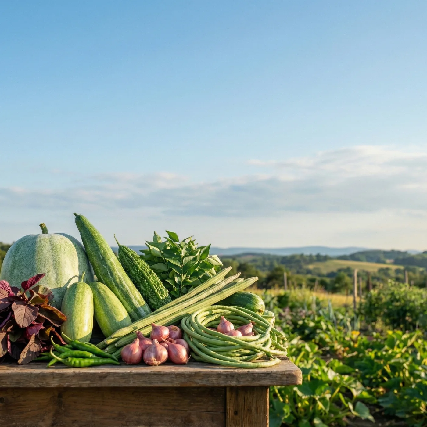 Fresh vegetables overlooking green farmland