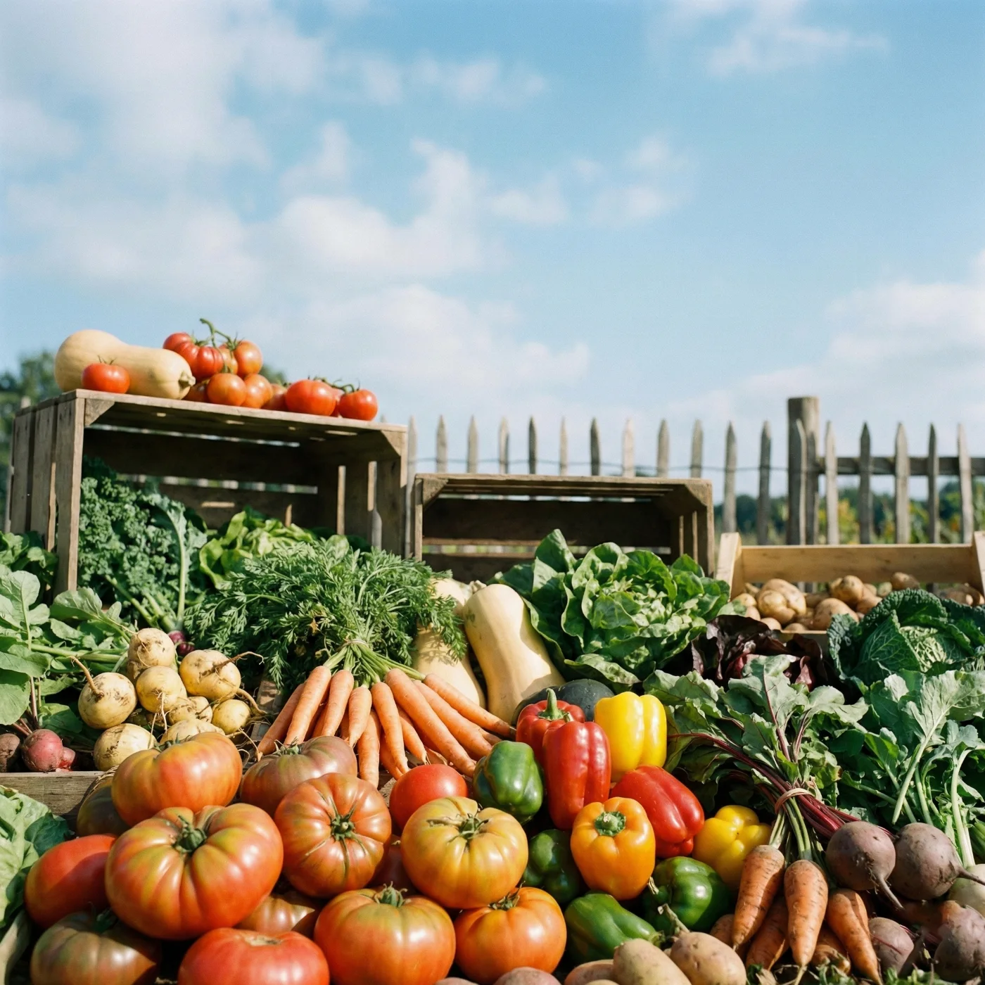 A display of fresh vegetables beside cultivated land