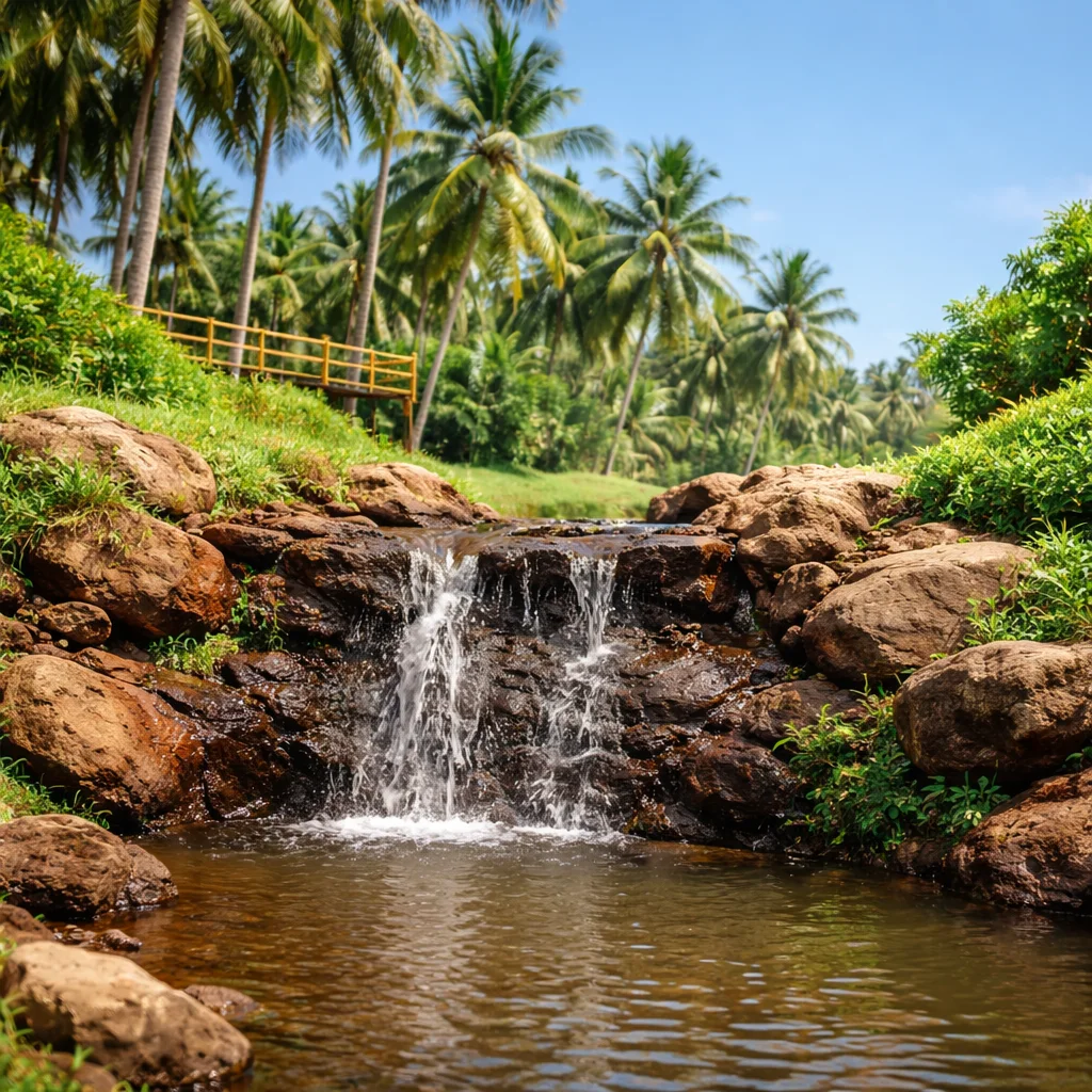 Waterfall flowing over rocks beside palm trees